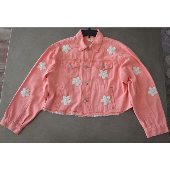 POL SMJ302A Women's Sz Medium Neon Papaya Beaded Pearl Daisy Denim Jacket - Picture 10 of 10